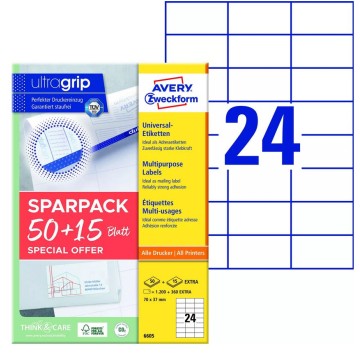 Etykiety papierowe A4 AVERY 70x37mm [50]+[15]